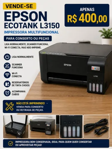Impressora Epson 3150, liga normalmente, há cabos, scanner em boa condição mas não imprime