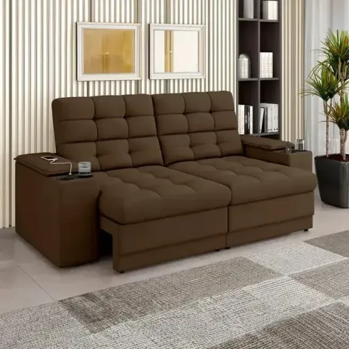 ESTOFADO KANSAS 2,05M POP RETRATIL COM USB E PORTA COPO VELUDO EM 2 CORES - OFERTÃO