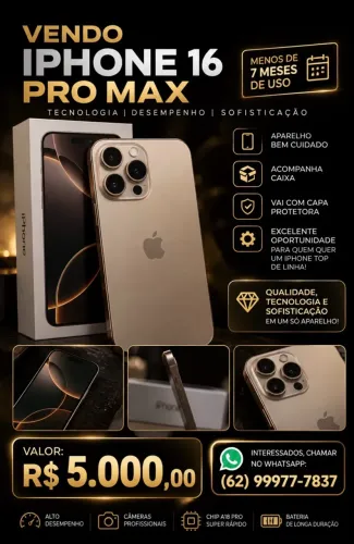 Vendo IPhone 16 pro max 256 Gingas semi novo, com caixa 7 mês de uso bateria 90%