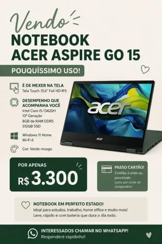 PARCELO NO CARTAO Aspire Go 15 i5-13420H | SSD 512GB | Tela Touch | Impecável | Item na CX