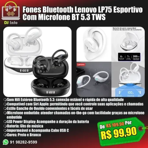 Fones Bluetooth Lenovo LP75 Esportivo Com Microfone BT 5.3 TWS