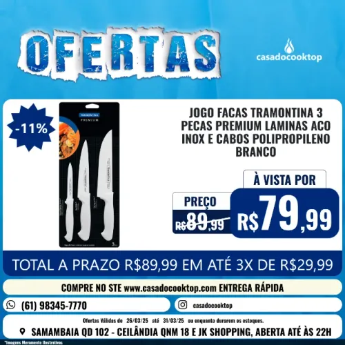 JOGO FACAS TRAMONTINA 3 PECAS PREMIUM LAMINAS ACO INOX E CABOS POLIPROPILENO BRANCO