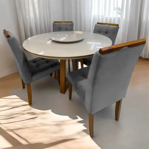 Mesa Jantar Redonda 1,20 Cinamono/Off White com 4 Cadeiras Sophia tt43