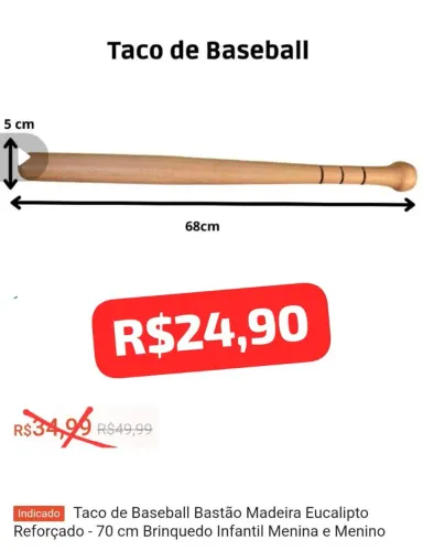 Taco de Baseball de Madeira Eucalipto Reforçado - 70cm