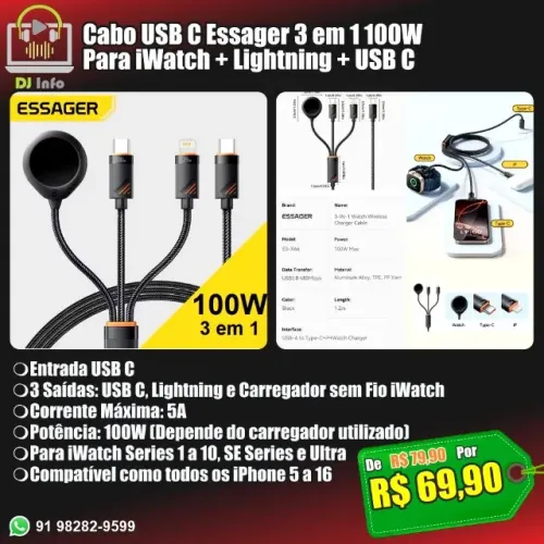 Cabo USB C Essager 3 em 1 100W para iWatch + Lightning + USB C