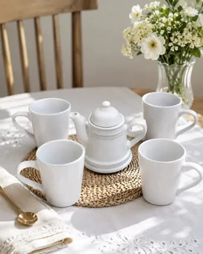 Jogo de Chá e Café Premium em Porcelana Branca (Novo/Mesa Posta