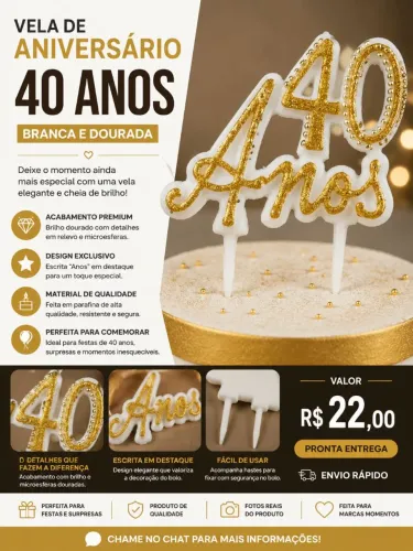 Vela de 40 anos branca com dourado 