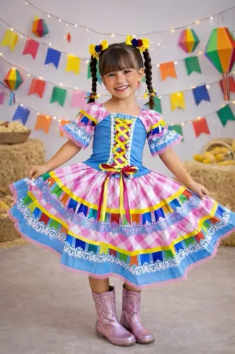 Vestido de Festa Junina Infantil Xadrez Colorido 
