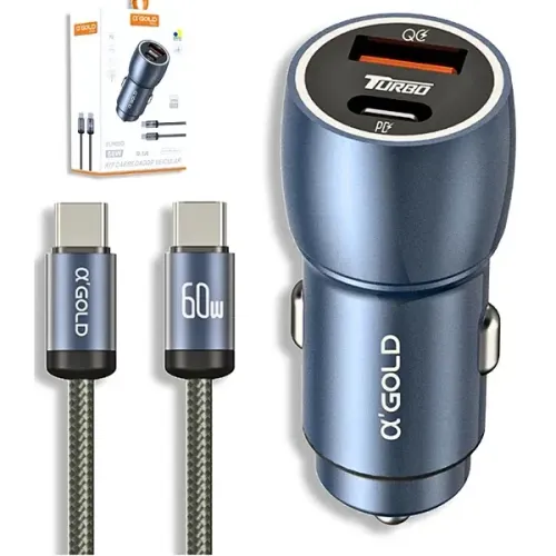 Carregador Veicular Turbo 60W com 2 Saídas USB e Tipo-C + Cabo Tipo-C - Alfa Gold