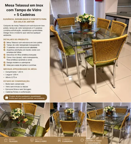 Mesa Telassul em Inox com Tampo de Vidro + 5 Cadeiras - Excelente Estado
