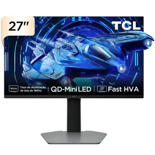 Monitor Gamer TCL 27 QLED Mini LED QHD 180Hz 1ms Freesync HDR NF,Caixa e garantia