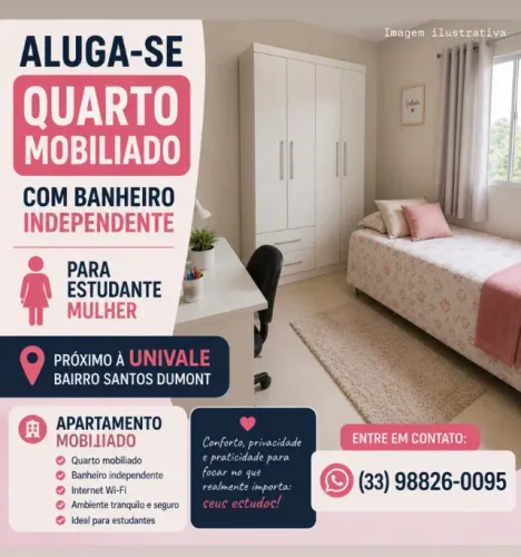 Aluguel de quarto mobiliado para Estudante mulher