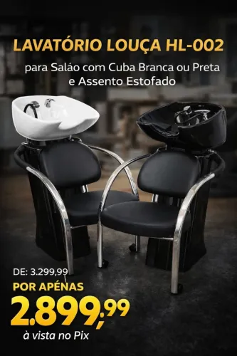 Lavatório HL-002 para Salão com Cuba Branca ou Preta e Assento Estofado