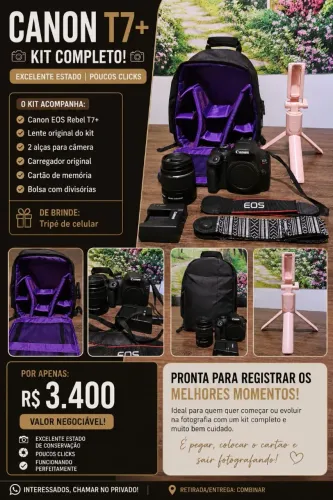 <br>Canon T7+ + Lente Original + Bolsa + Cartão + Carregador