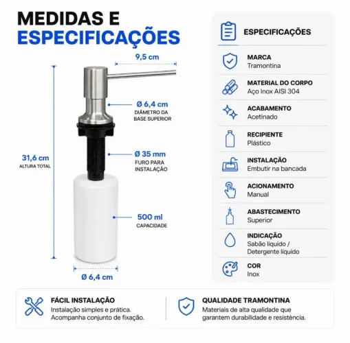Dosador De Sabão Tramontina Em Aço Inox Com Recipiente