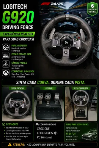 Volante Logitech G920 Driving Force para Xbox e PC + Pedais | Excelente Estado