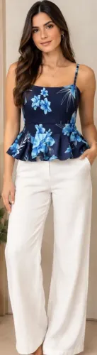 Blusa Feminina de Alcinha Azul-Marinho com Estampa Floral Azul - Tamanho Único