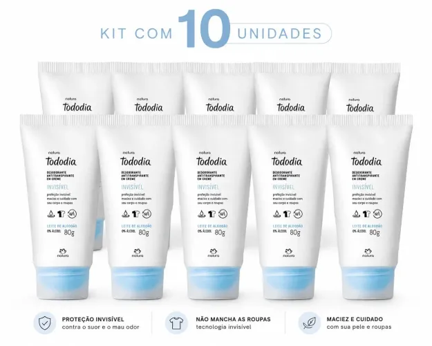 KIT 10 DESODORANTES EM CREME LEITE DE ALGODAO NATURA TODODIA 80G