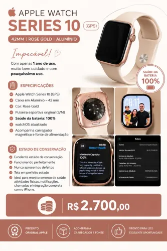Apple Watch Series 10 GPS 42mm Rose Gold - Bateria 100% - Excelente Estado