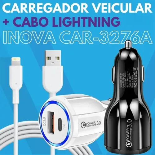 Carregador Veícular USB Tipo C Cabo Carregamento Rápido