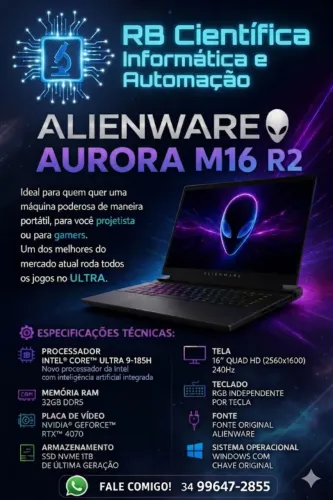 Notebook Gamer Alienware Aurora M16 R2 , Ultra 9, 32GB DDR5 , RTX 4070, Sem detalhes.