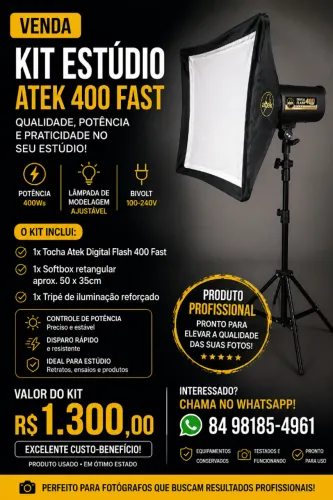 Flash de Estúdio Atek 400 Fast + Softbox + Tripé | Bivolt