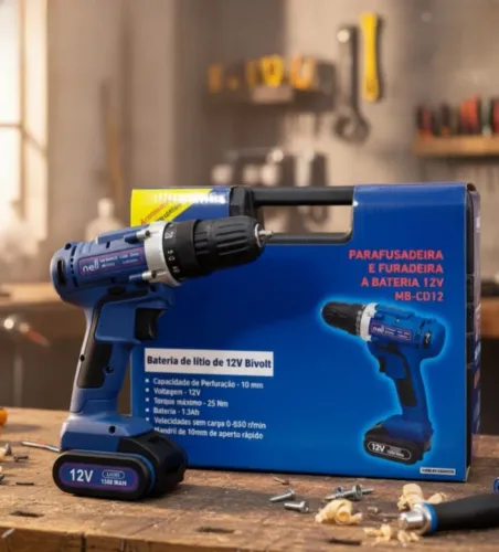 Furadeira e parafusadeira 12 volts com kit acessórios
