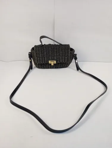 Bolsa Tiracolo Zara Original Palha Trançada Preta com Fecho Metálico