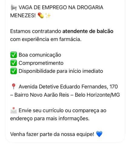 Vaga pra atendente (farmácia )