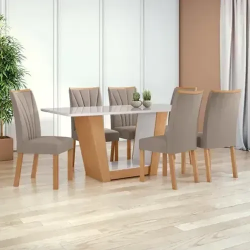Mesa de Jantar 6 Cadeiras Bege Suede Com Tampo 1,70m