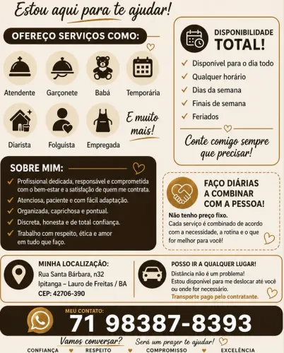 Freelancer como Babá, Empregada,Atendente, Garçonete e Temporária