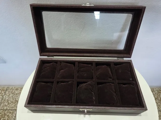 WATCH BOX em couro legítimo com Tampa de Vidro - 10 Relógios