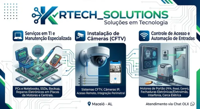 Cerca, camêras, motores de portão, rede, manutenção especializada.