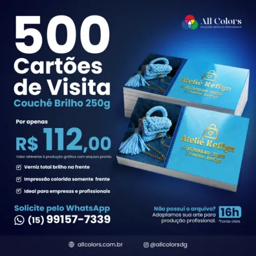 500 Cartões de Visita - Couchê Brilho 250g - Impressão Colorida Frente (4x0)