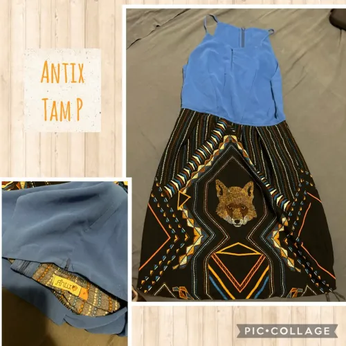 Vestido Antix Tam P - Azul e Preto com Estampa de Raposa