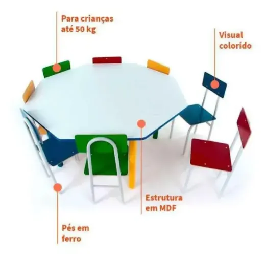 Mesa Infantil Oitavada em Ferro com 8 Cadeiras UltimaX