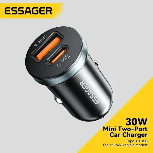 Carregador veicular Essager 30w turbo USB e tipo C