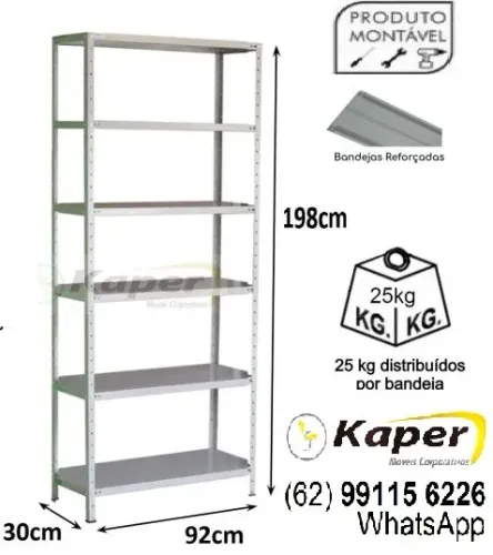 Estante de aço / Prateleira de Aço 198cm x 92cm x 30cm cinza, c/ reforço ( nova ) Promoção