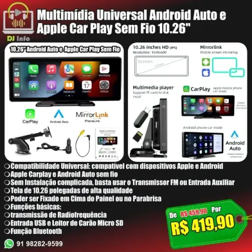 Central Multimídia Universal Android Auto e Apple Car Play Sem Fio 10.26"