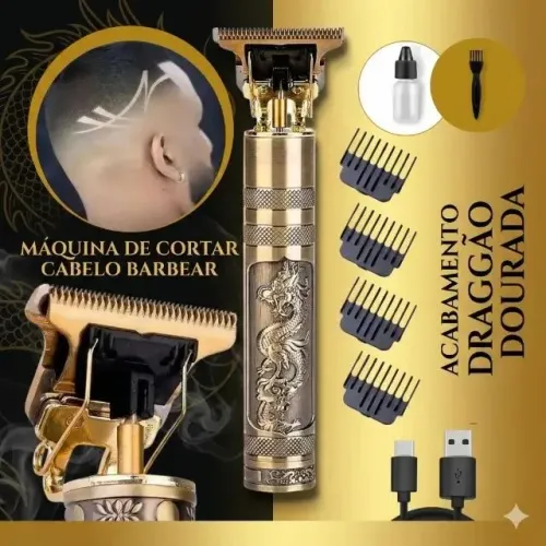 Máquina de Cortar Cabelo e Barbear Acabamento Dragão Dourada Design Exclusivo e Versátil