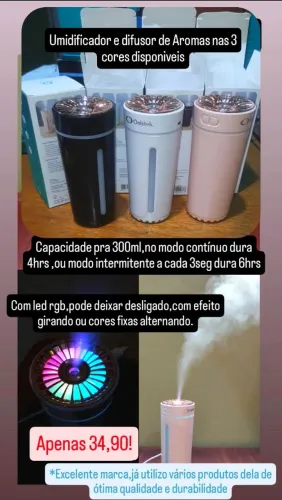 Umidificador e aromatizador de ar com luz rgb colorida, 300ml modos de 4h a 6h