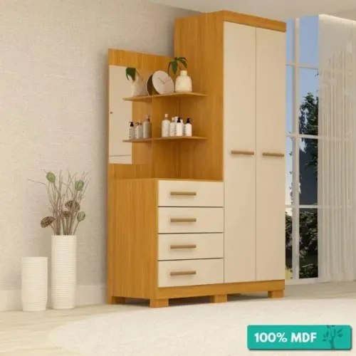 Guarda-Roupa Solteiro 100%Mdf C/ Espelho Cômoda Prateleira Melissa Acp Móveis Nature/Off W