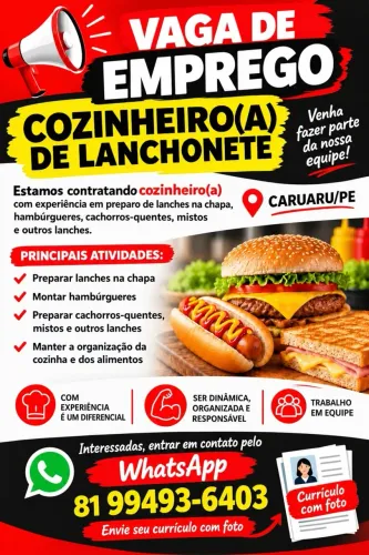Vaga para conzinheira (o)de lanchonete