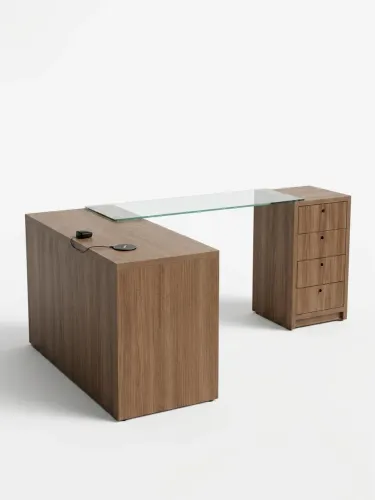 Mesa de Escritório em L em MDF Amadeirado com Gaveteiro e Tampo em Vidro