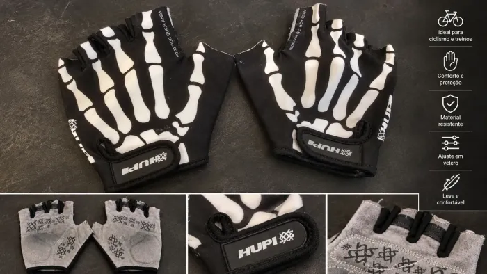 Luva HUPI Ciclismo MTB Esqueleto Preta - Dedo Curto