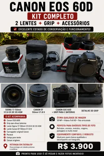 Cânon EOS 60D com duas lentes de acessórios 