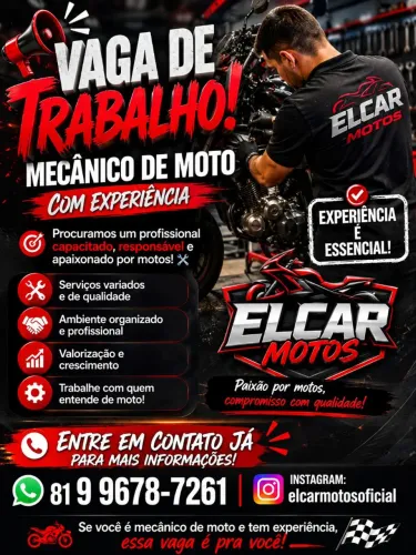 Vaga de trabalho Mecânico de moto Com Experiência 