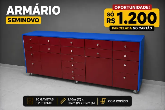 Armario de cozinha laqueado com 18 gavetas e 2 portas 216x90x60