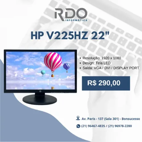 Monitor HP V225HZ 22" Monitor LED VGA/DVI/DisplayPort - Ideal para trabalho e dia a dia!