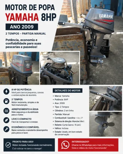 Motor de Popa Yamaha 8HP 2009 2 Tempos - Excelente Estado